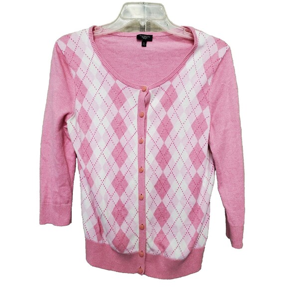 Talbots Pink Cotton/Silk Blend Argyle 3/4 Sleeve Button-Up Cardigan Size Medium - Picture 1 of 6